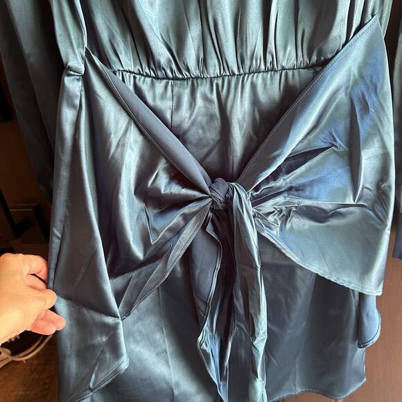 Grace Karin Women's Tied Front Long Sleeve Blue Midi Blouson‎ Dress Small NWT - Picture 2 of 9